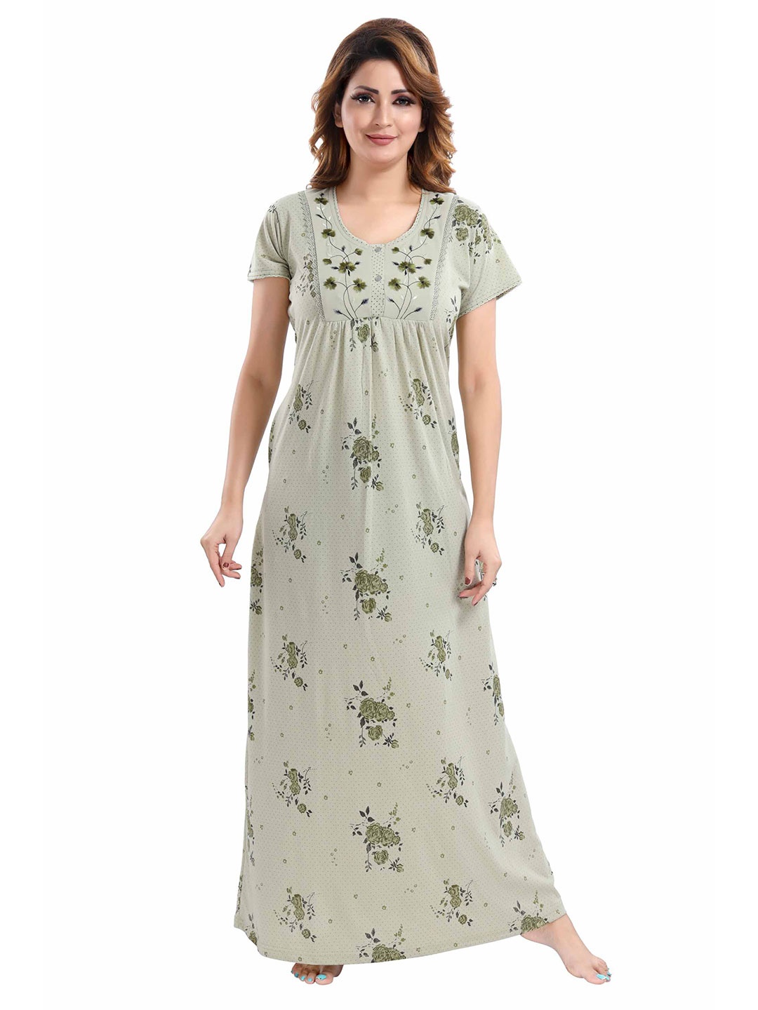 

9shines Label Sage Green Embroidered Floral Printed Maxi Nightdress