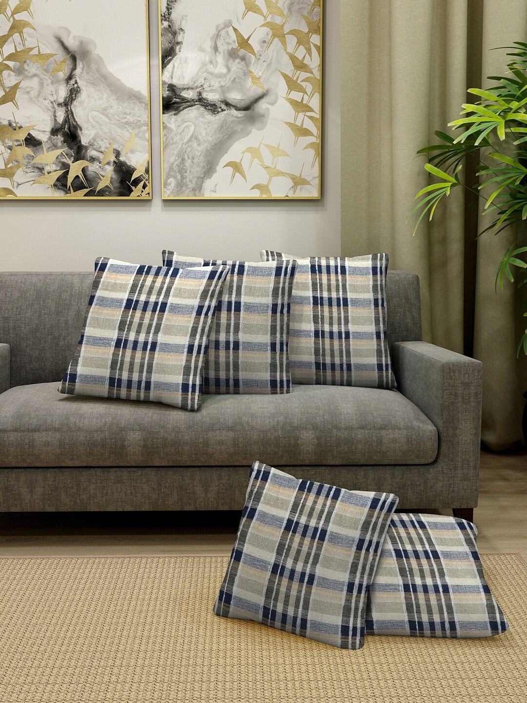 

KLOTTHE Set of 5 Beige & Grey Checked Square Floor Cushions, Multi