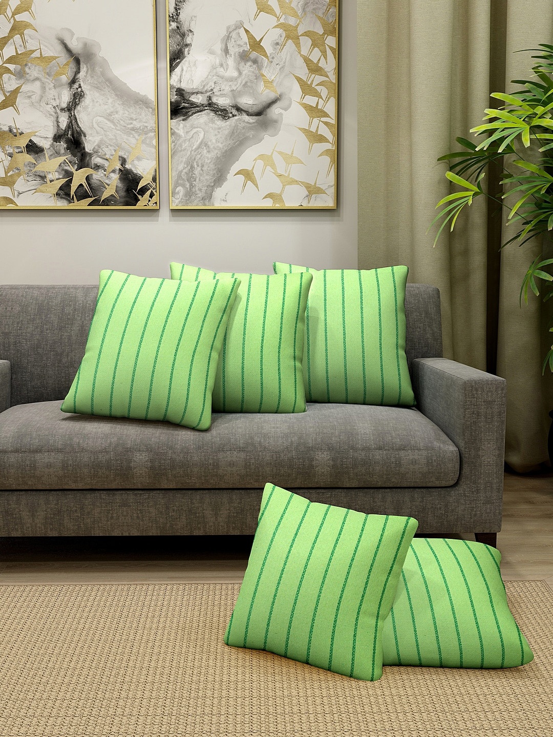 

KLOTTHE Set Of 5 Green Striped Square Floor Cushions