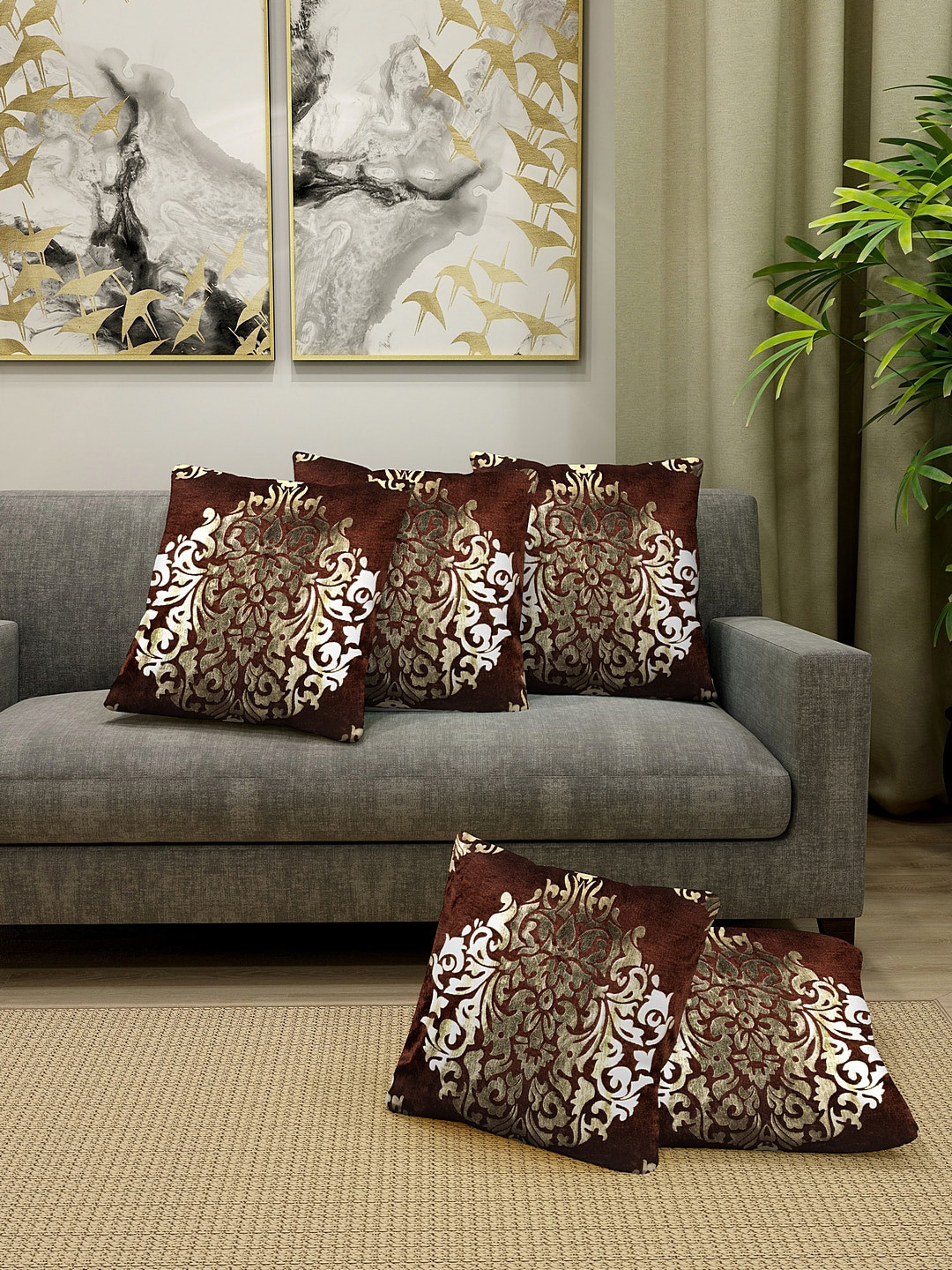 

KLOTTHE Set Of 5 Brown & Gold-Coloured Printed Cushions