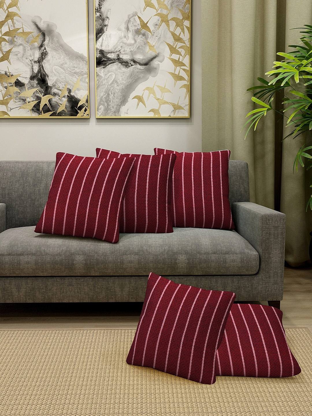 

KLOTTHE Set Of 5 Maroon & White Striped Cushions