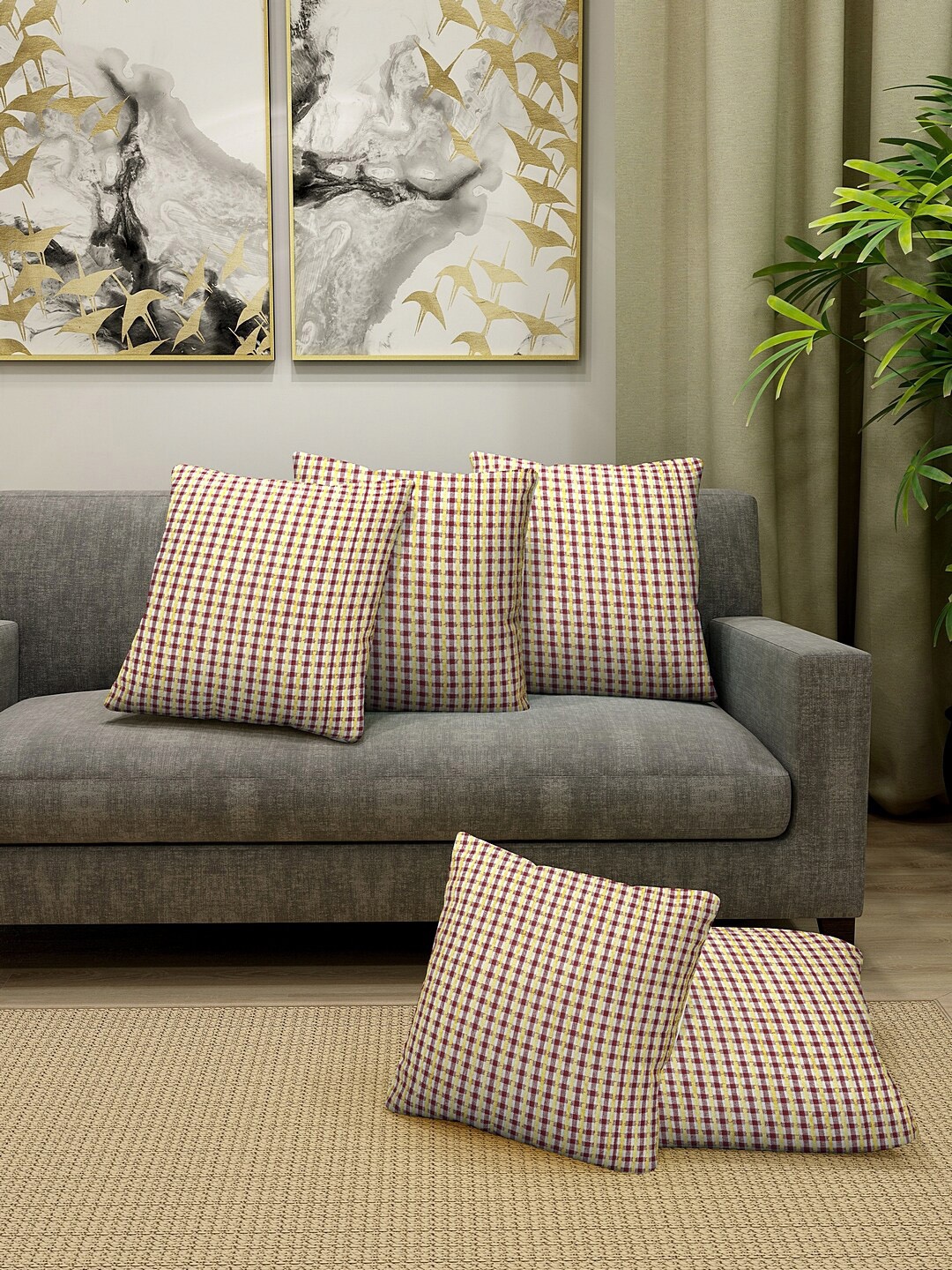 

KLOTTHE Set of 5 Red & Yellow Checked Square Floor Cushions, Multi