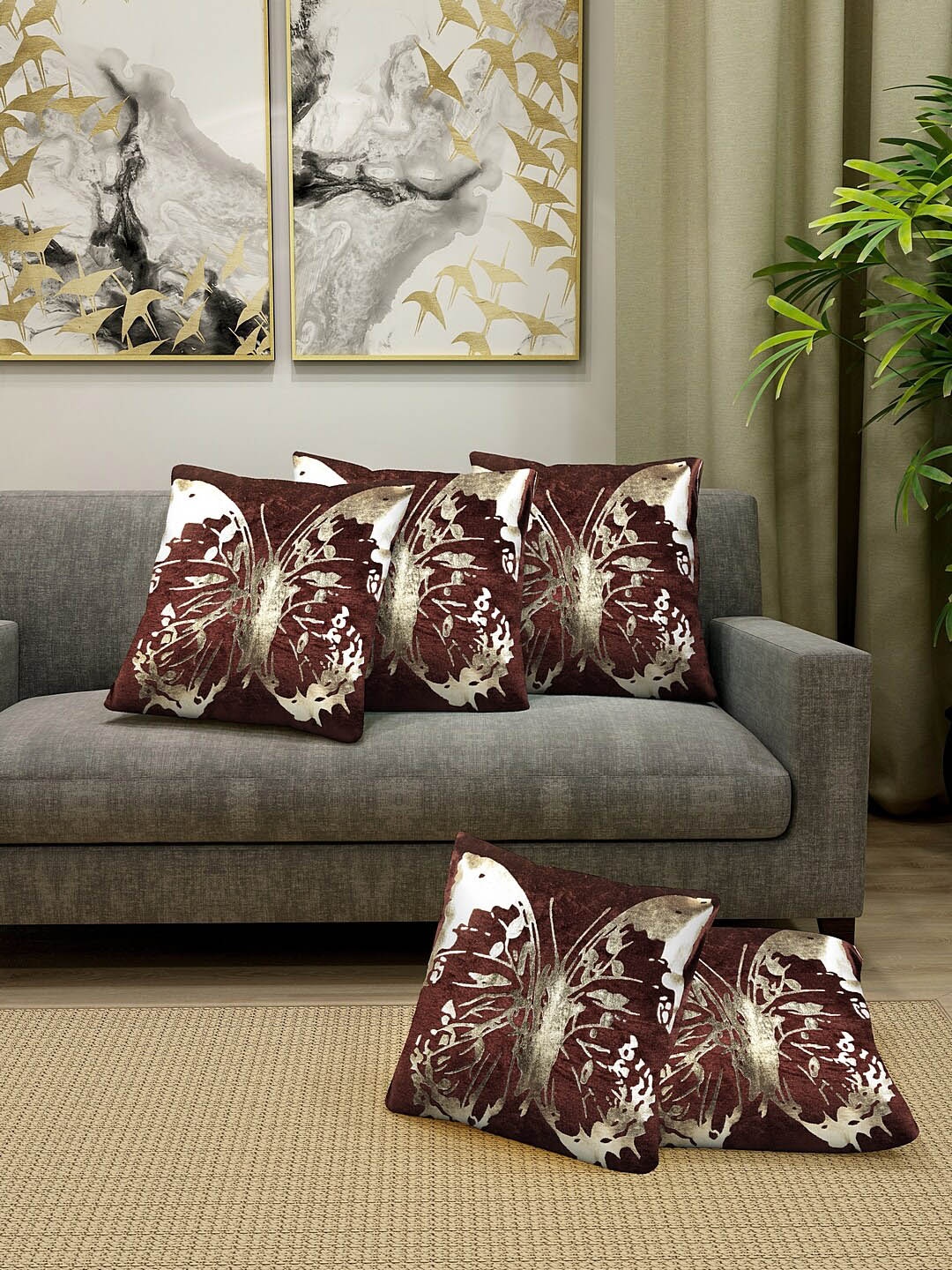 

KLOTTHE Set Of 5 Brown & Gold-Coloured Printed Cushions