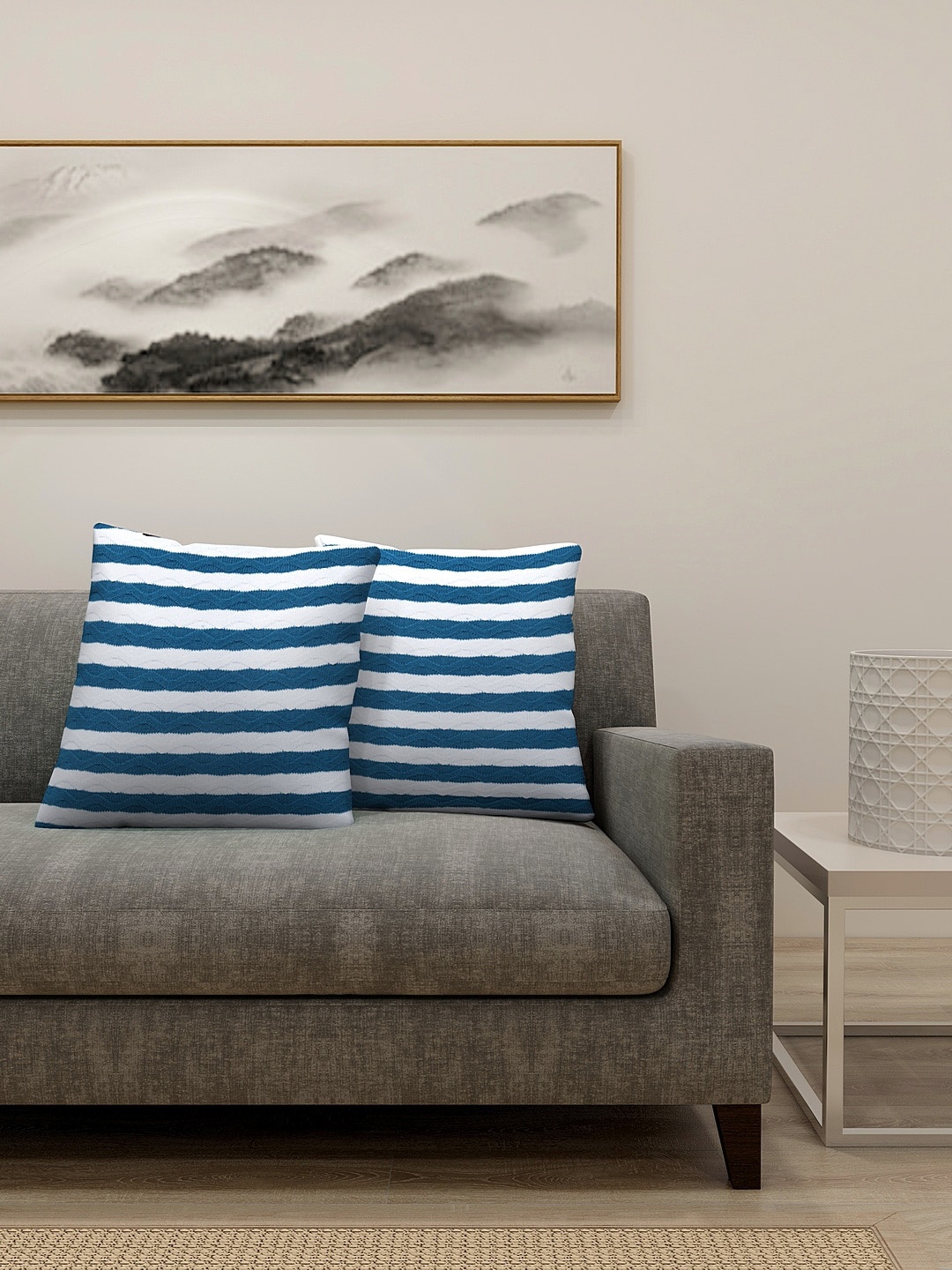 

KLOTTHE Set Of 2 White & Blue Striped Square Floor Cushions, Multi