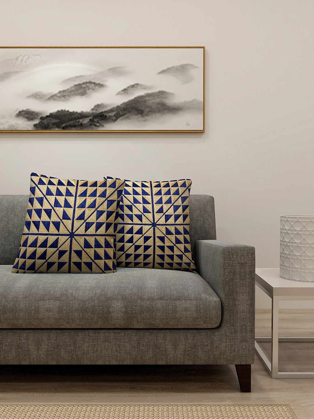 

KLOTTHE Set of 2 Blue & Gold Coloured Printed Square Floor Cushions