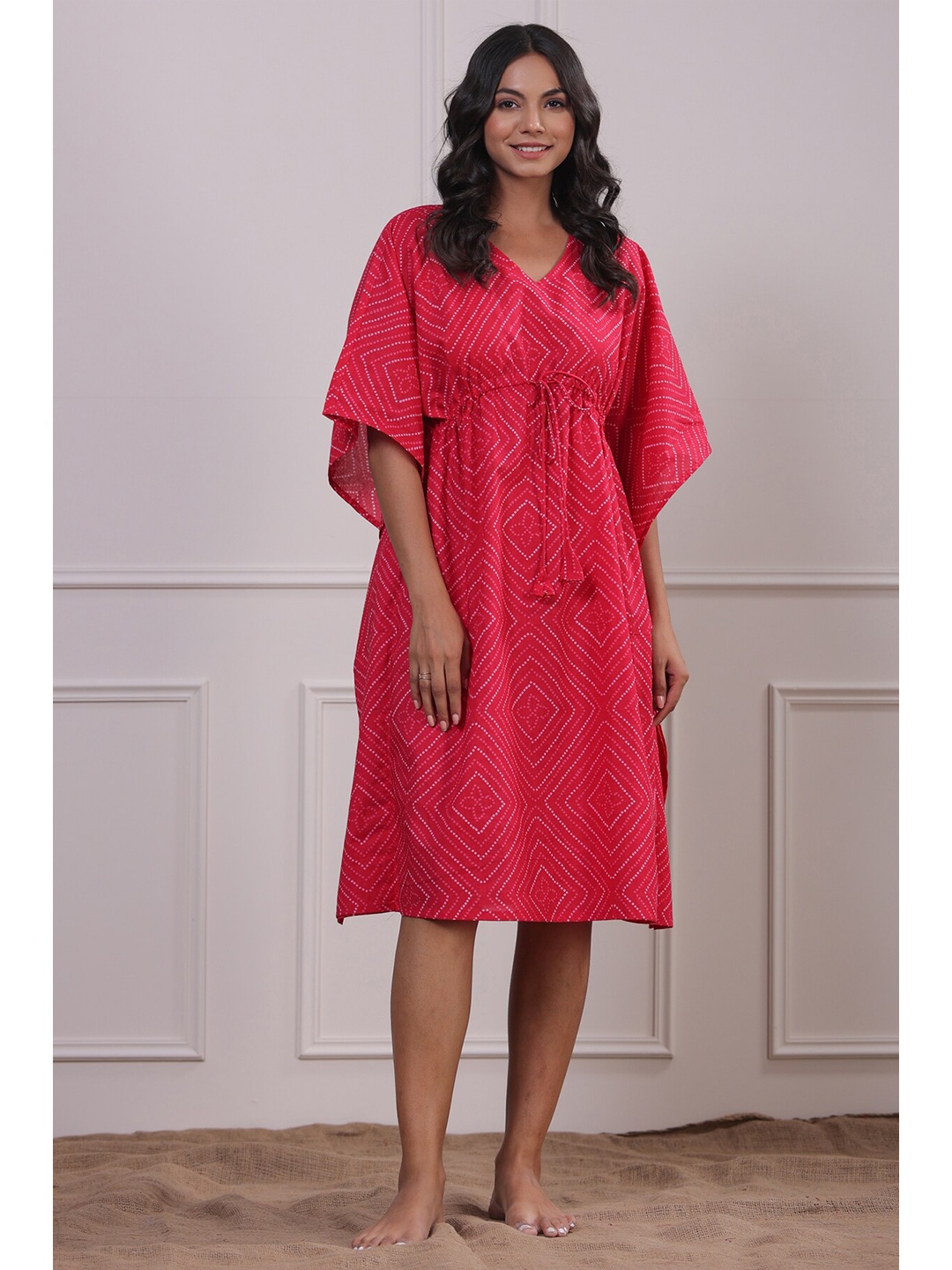 

JISORA Women Pink Cotton Printed Kaftan Nightdress