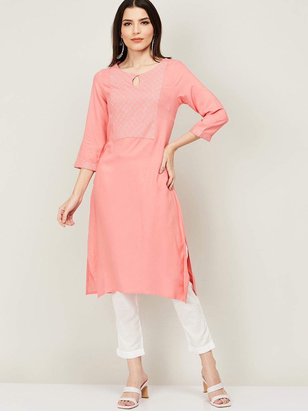 

Melange by Lifestyle Women Coral Yoke Design Keyhole Neck Flared Sleeves Thread Work Kurta