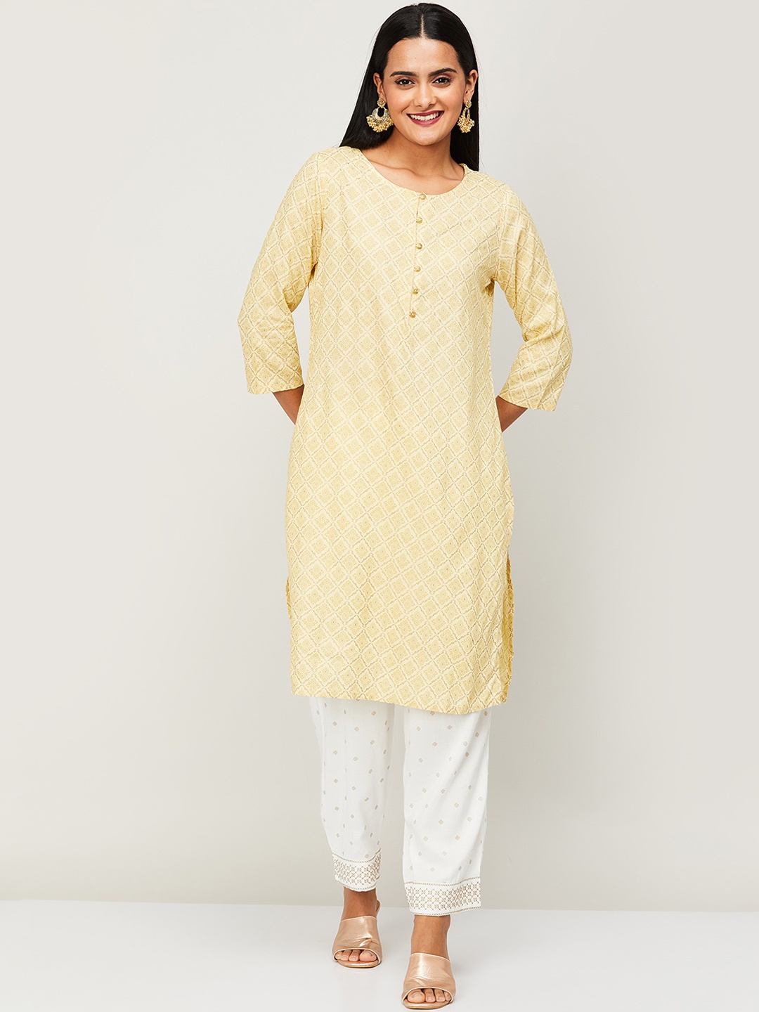 

Melange by Lifestyle Women Yellow Ethnic Motifs Chikankari Kurta