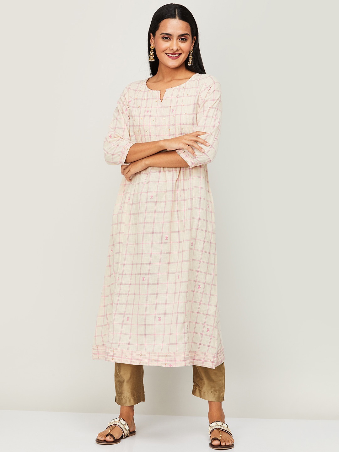 

Melange by Lifestyle Women Beige Checked Keyhole Neck Flared Sleeves Thread Work Anarkali Kurta