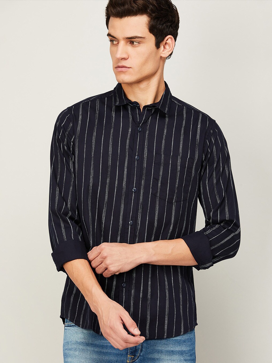 

Forca by Lifestyle Men Navy Blue Striped Casual Shirt