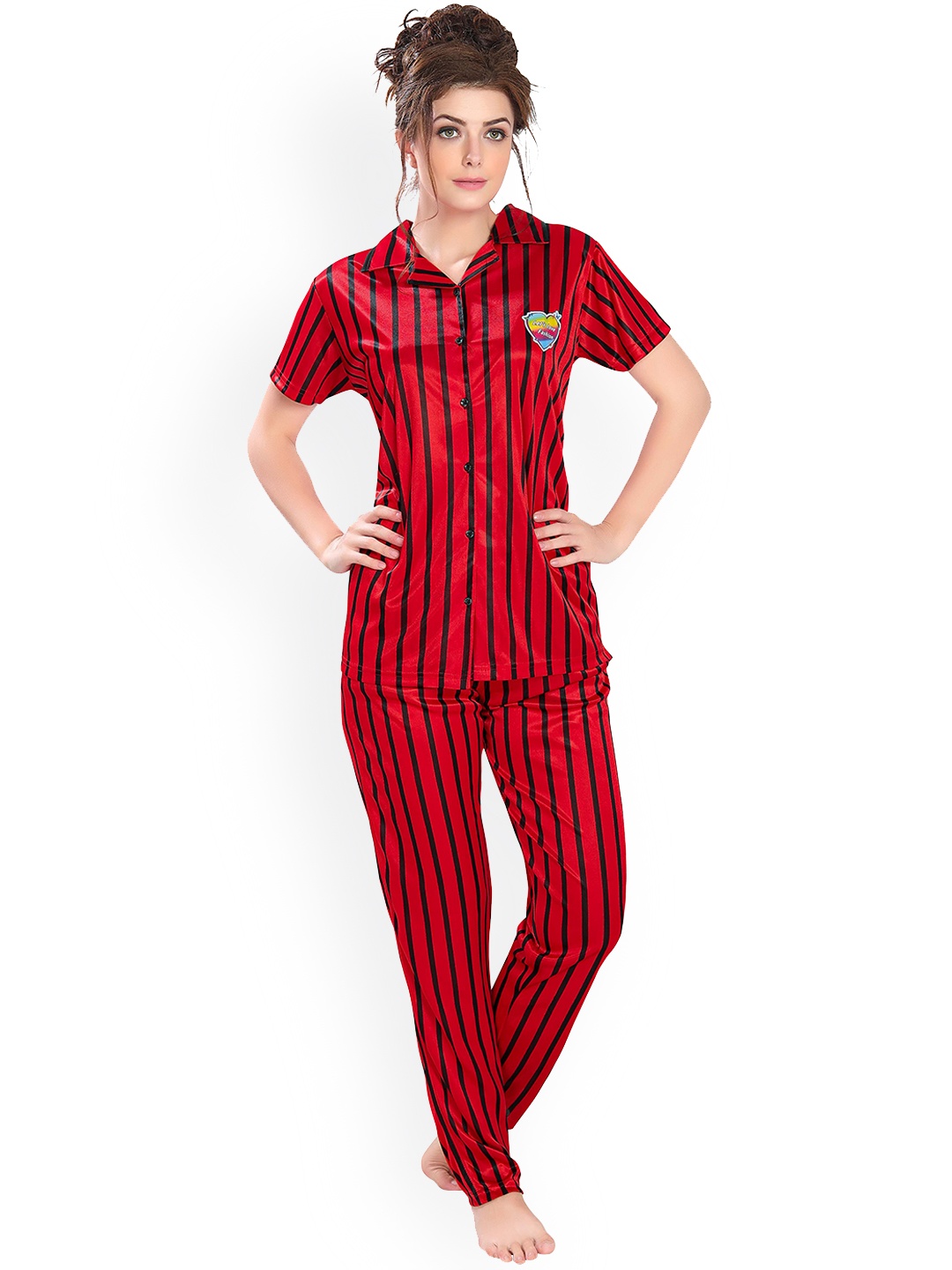 

Ever Loved Women Red & Black Striped satin Night suit