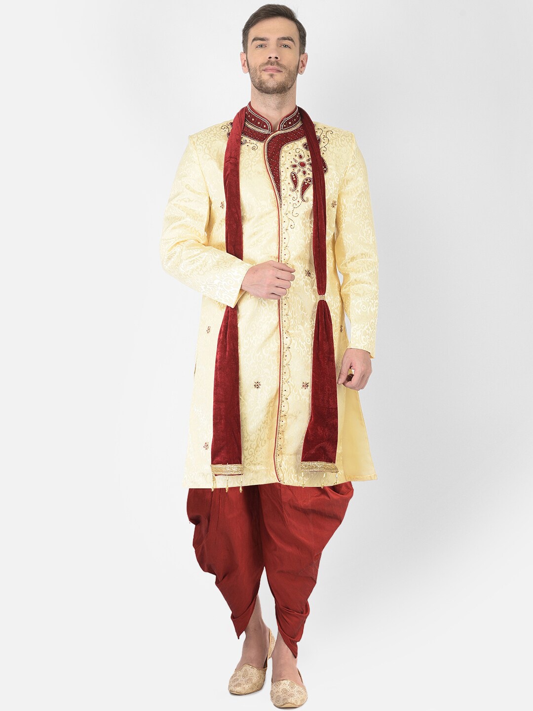 

SG LEMAN Men Beige & Maroon Embroidered Sherwani Set