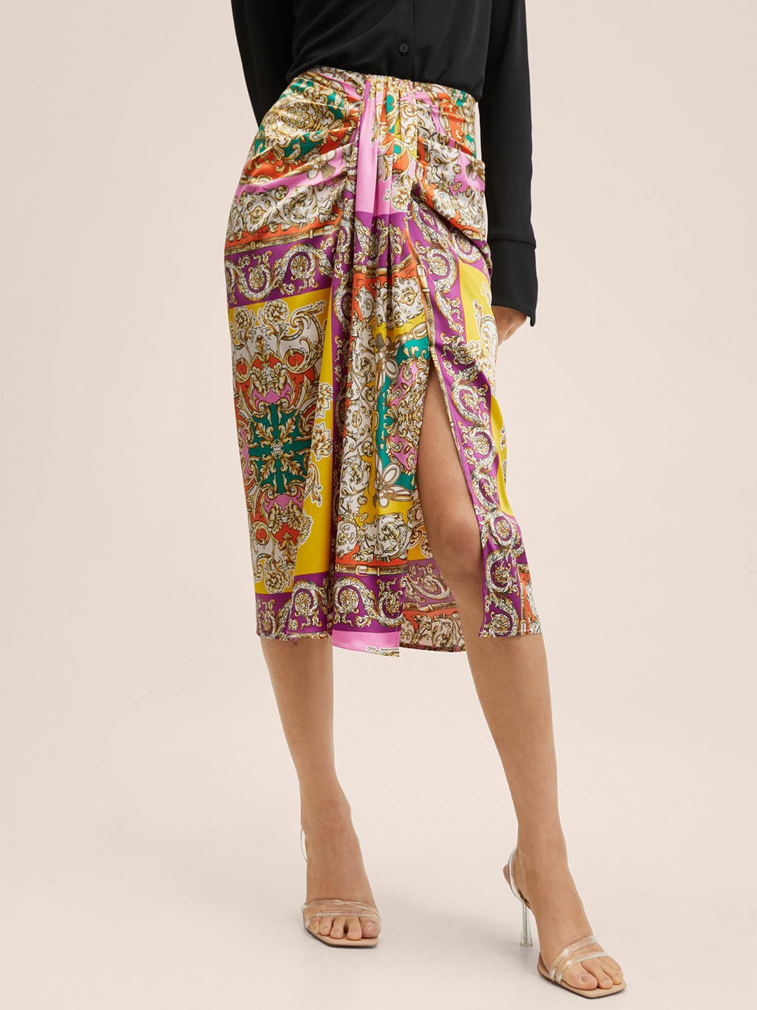 

MANGO Women Purple & Yellow Ethnic Print Draped Detail Midi Pencil Skirt