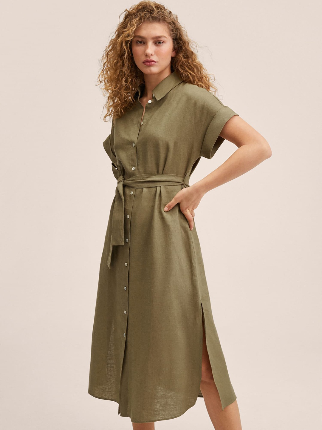 

MANGO Women Olive Green Solid Button Down Linen Shirt Midi Dress