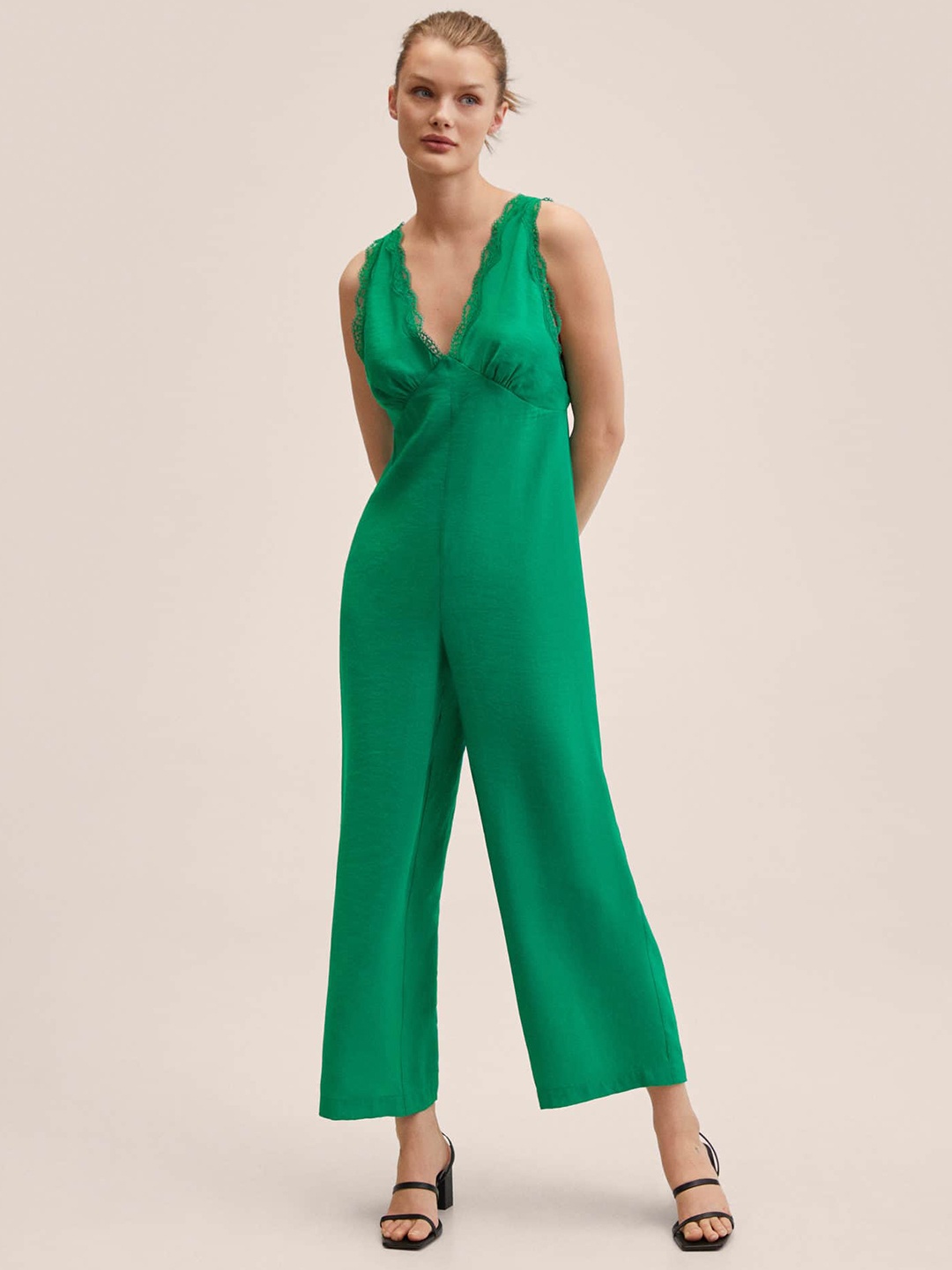 

MANGO Green Solid Basic Jumpsuit with Lace Inserts