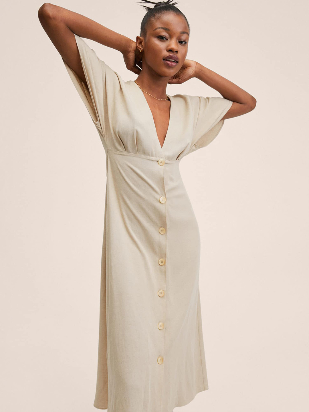 

MANGO Women Beige Solid A-Line Midi Dress