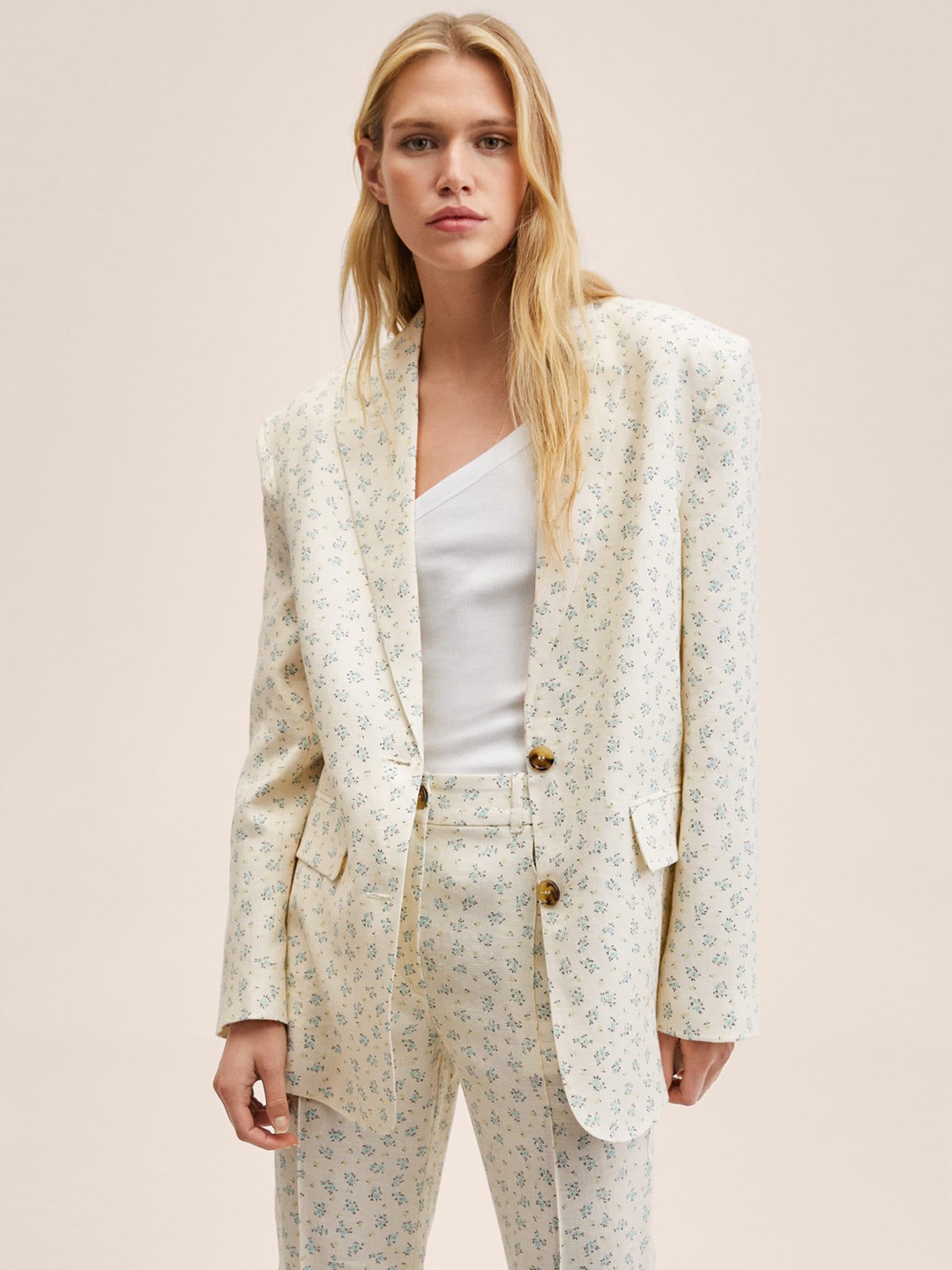 

MANGO Women Off-White & Blue Floral Print Oversized Single-Breasted Smart Casual Blazer