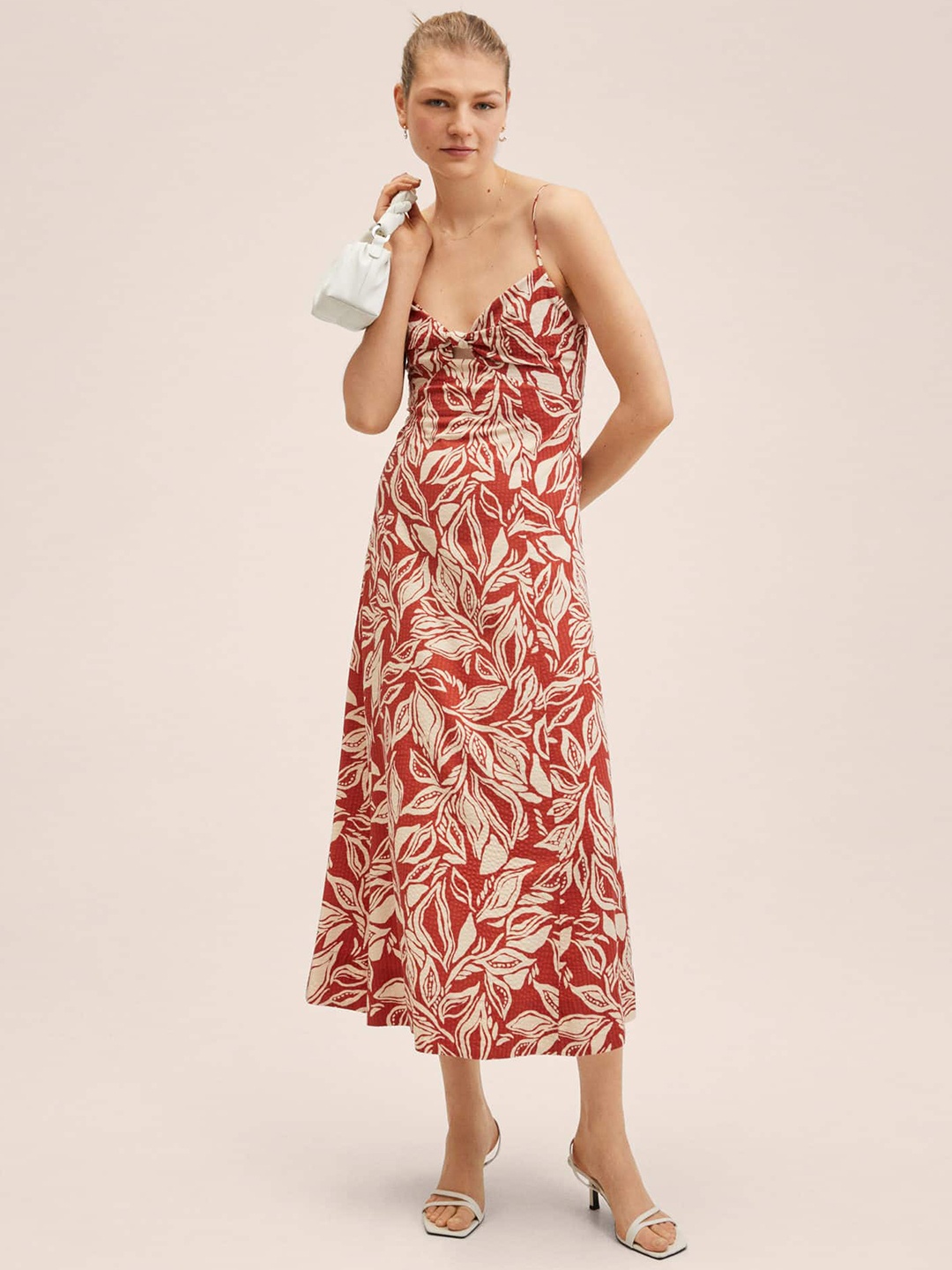 

MANGO Women Rust Orange & Cream-Coloured Floral Smocked Cut-Out Detail A-Line Midi Dress