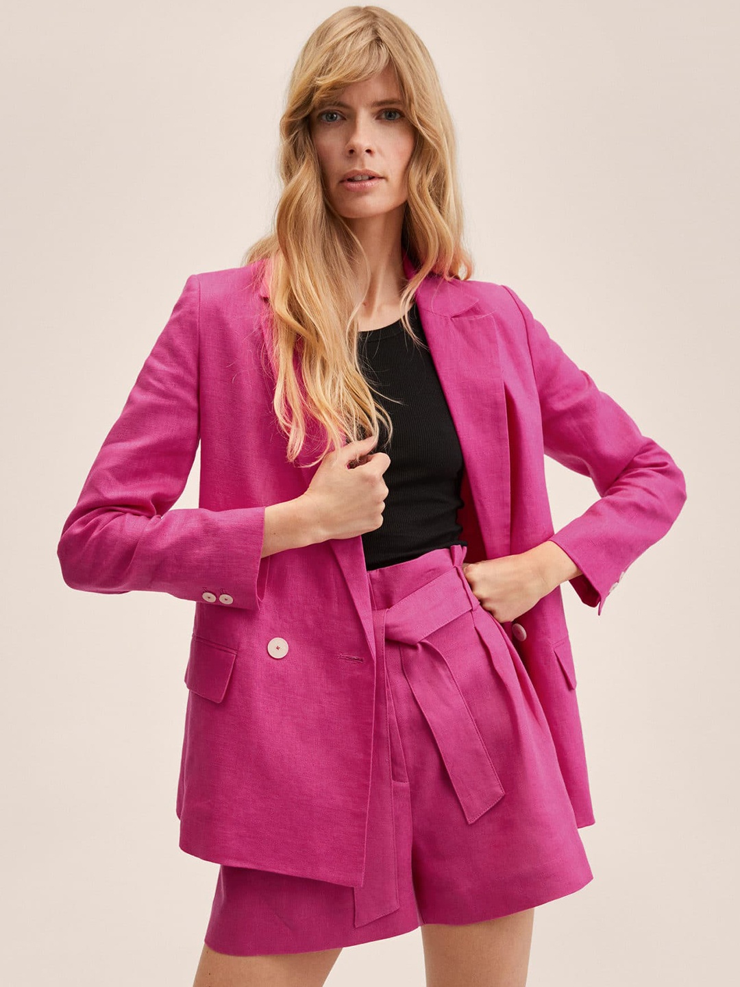 

MANGO Women Fuchsia Solid Single-Breasted Blazer