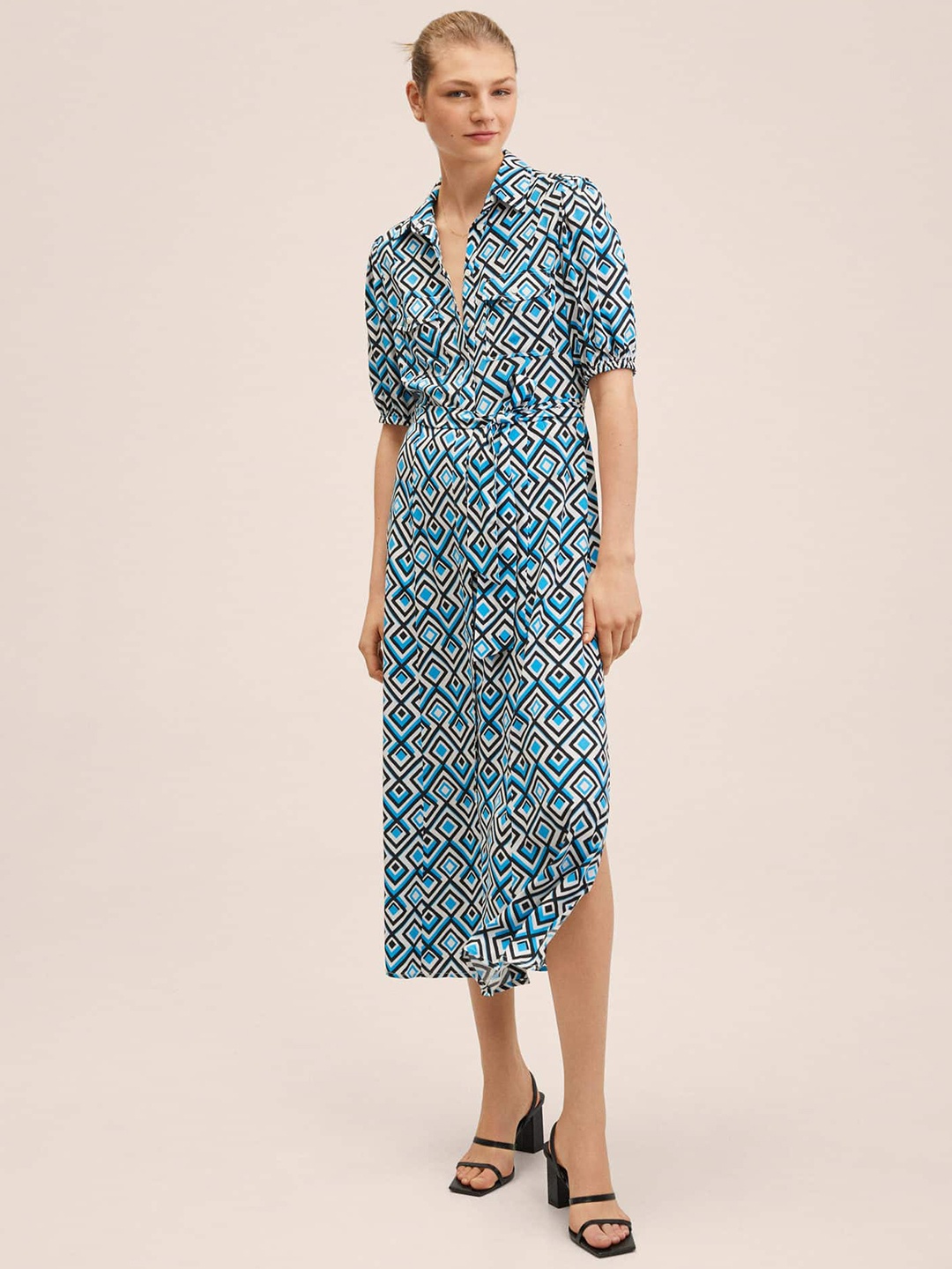 

MANGO Blue & Black Printed Shirt Midi Dress with Belt