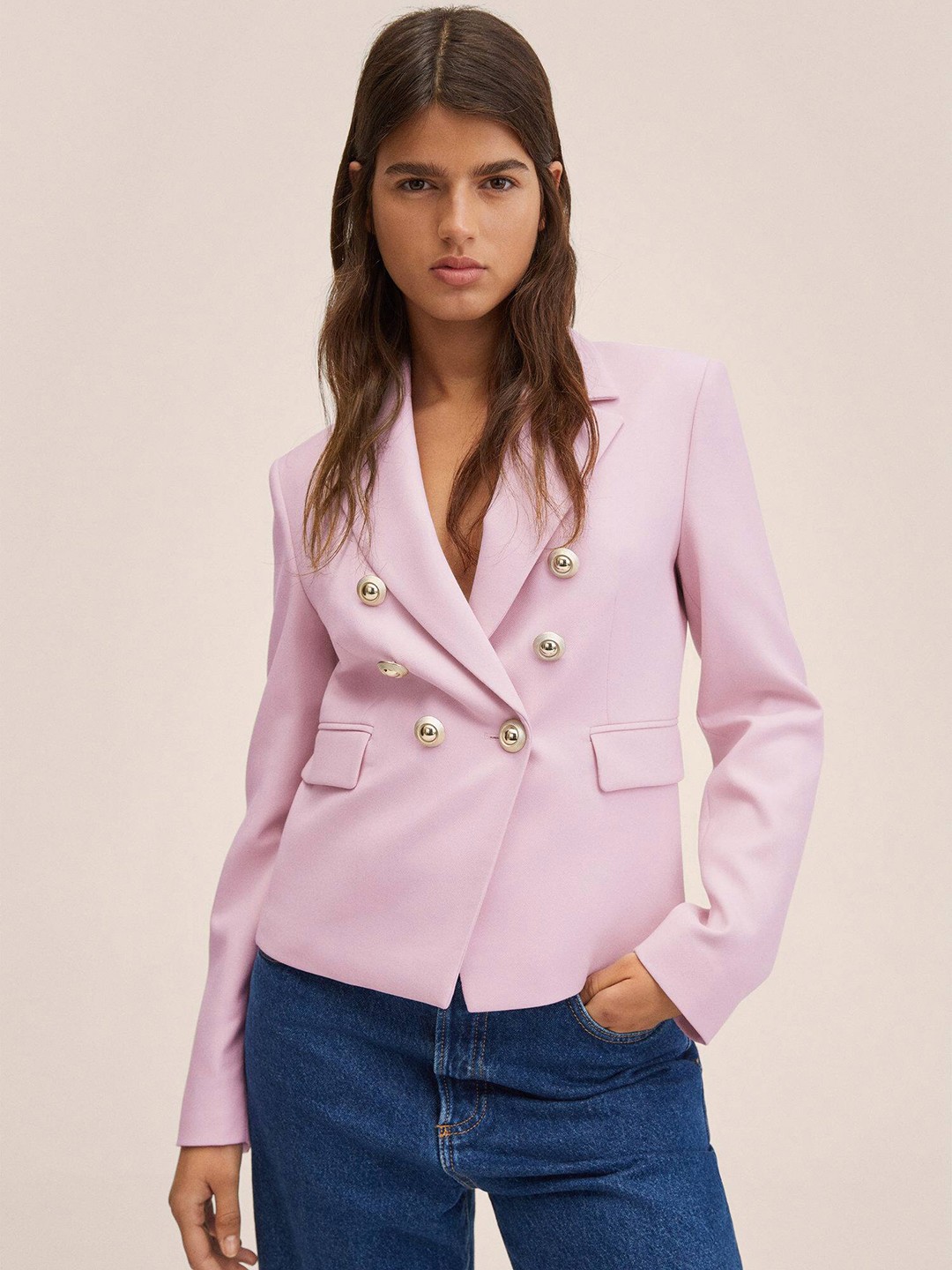 

MANGO Women Pink Solid Tailored Fit Double-Breasted Blazer