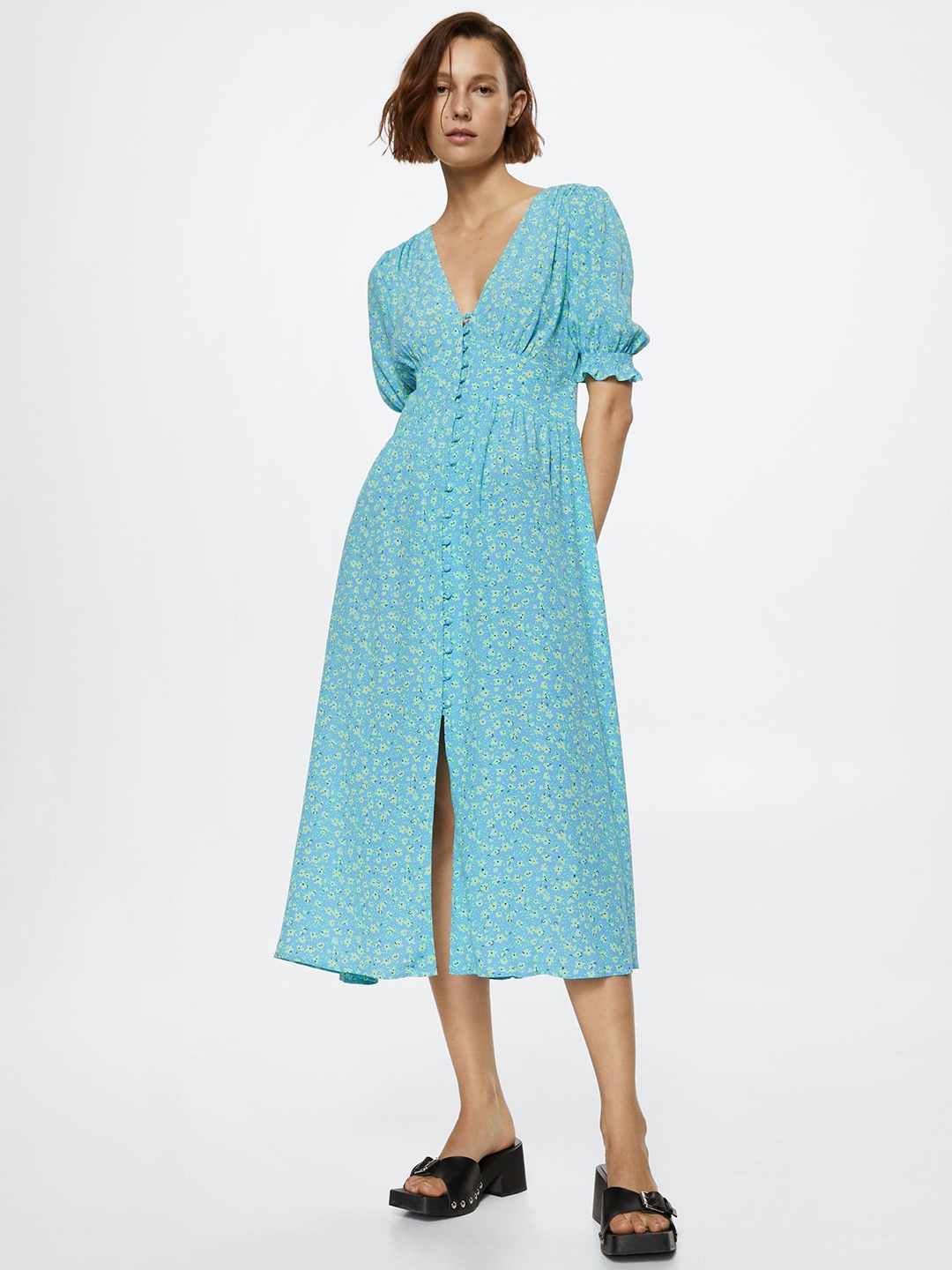 

MANGO Blue & Green Floral Printed Front Slit A-Line Midi Dress