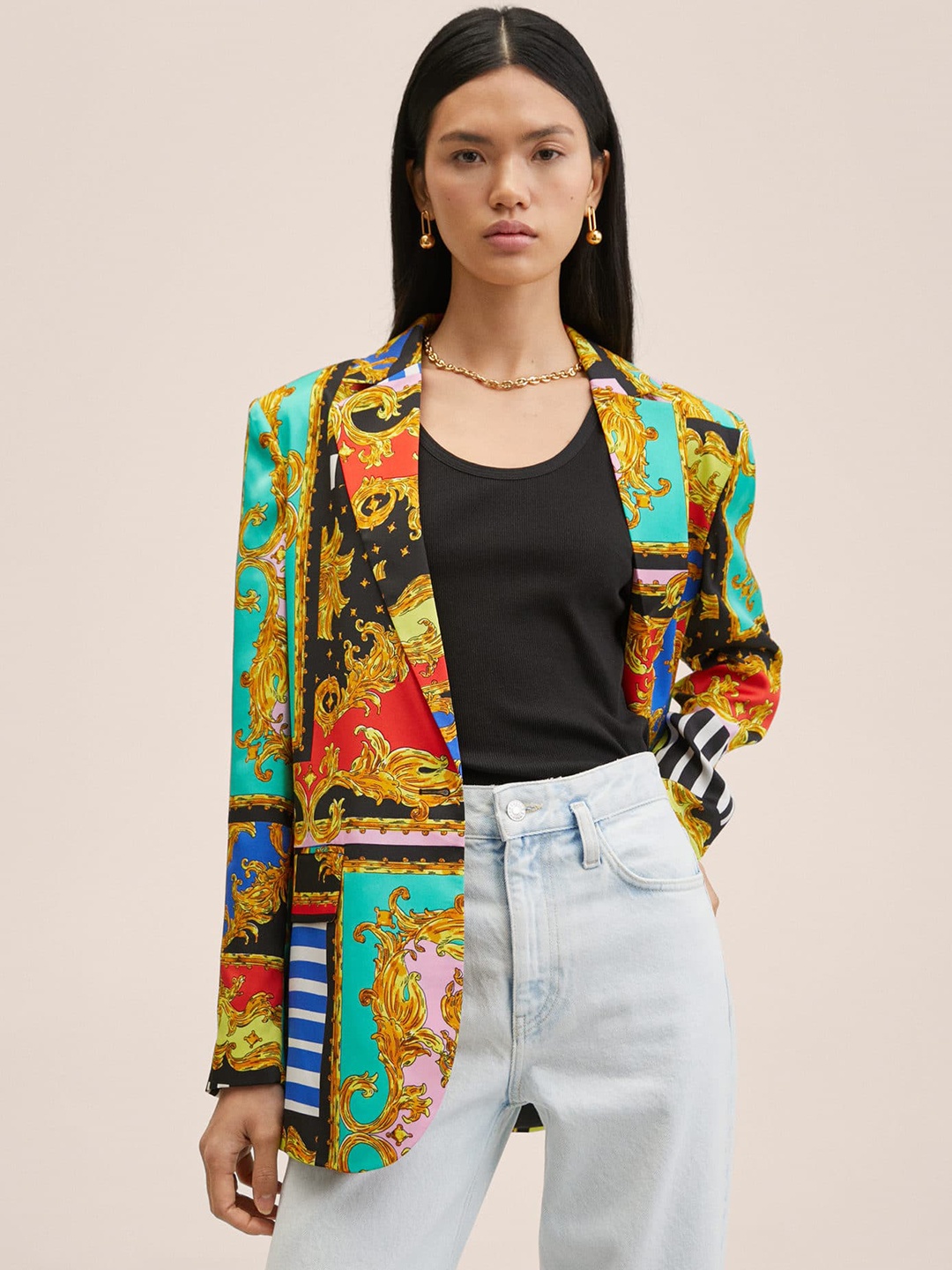 

MANGO Women Black & Yellow Baroque Print Open Front Blazer