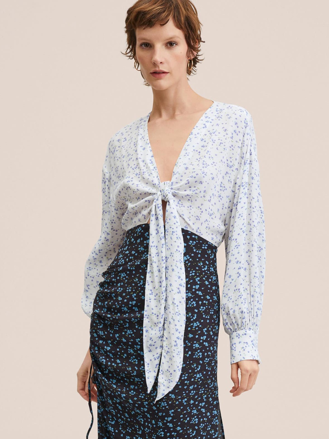 

MANGO Women White & Black Floral Tie-Up Neck Ruched Side Slit Detail A-Line Midi Dress