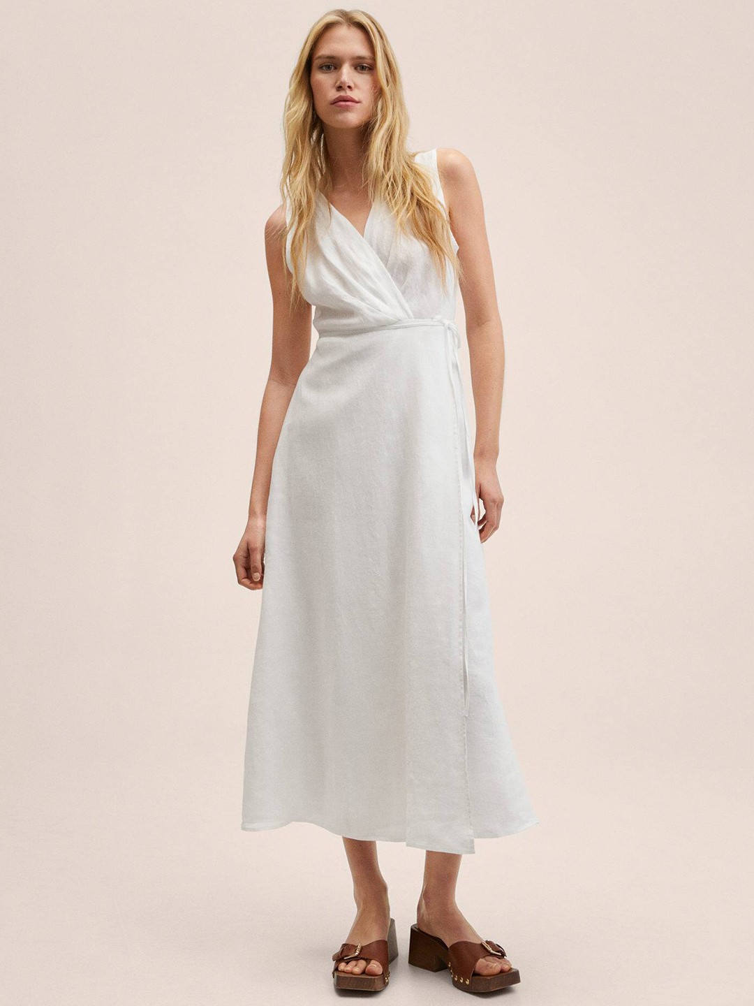 

MANGO White Linen V-Neck Midi Dress