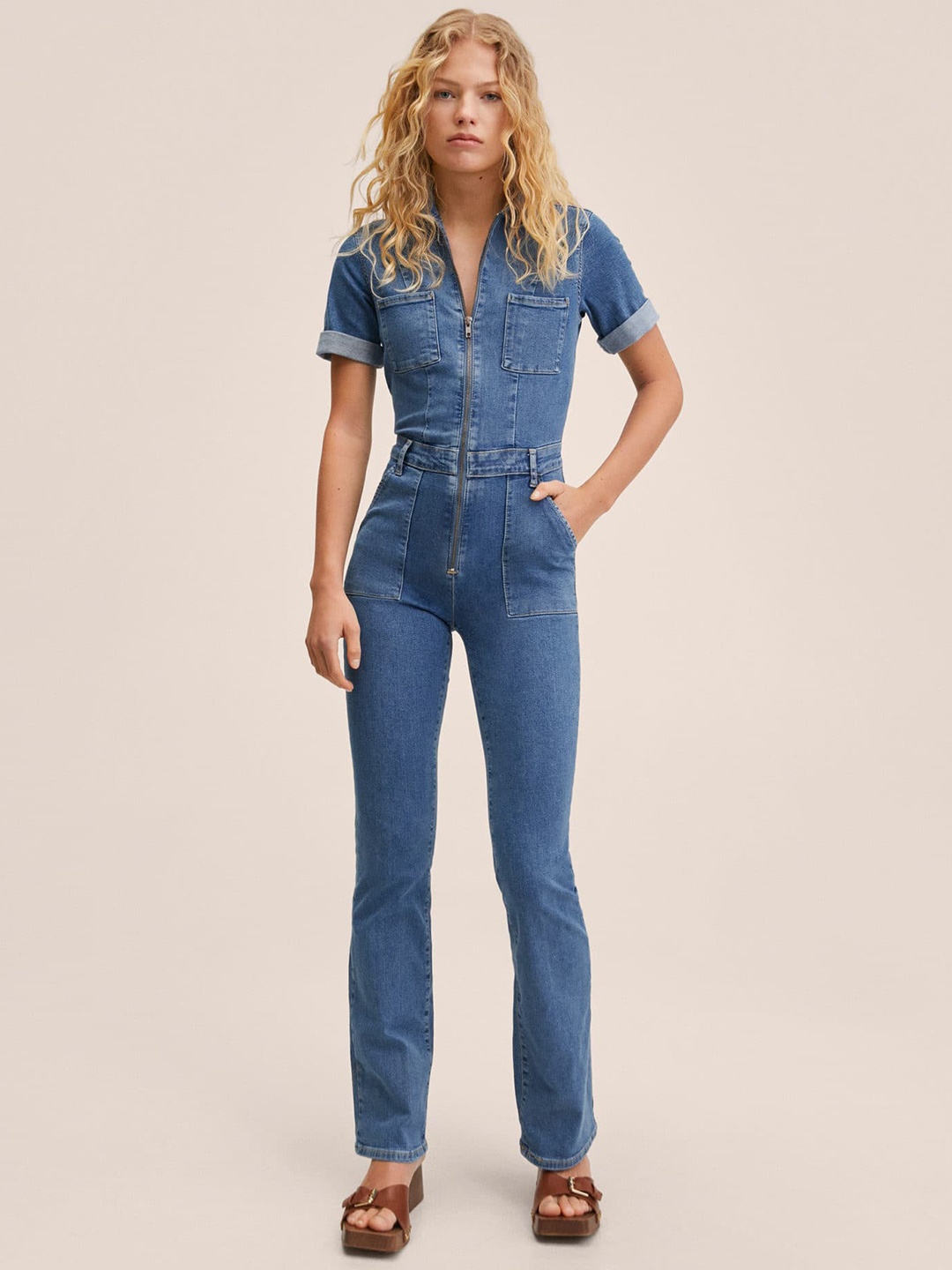 

MANGO Blue Denim Solid Basic Jumpsuit