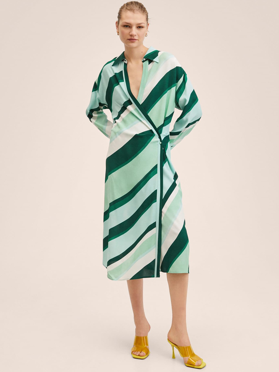 

MANGO Green & Off White Striped Midi Dress