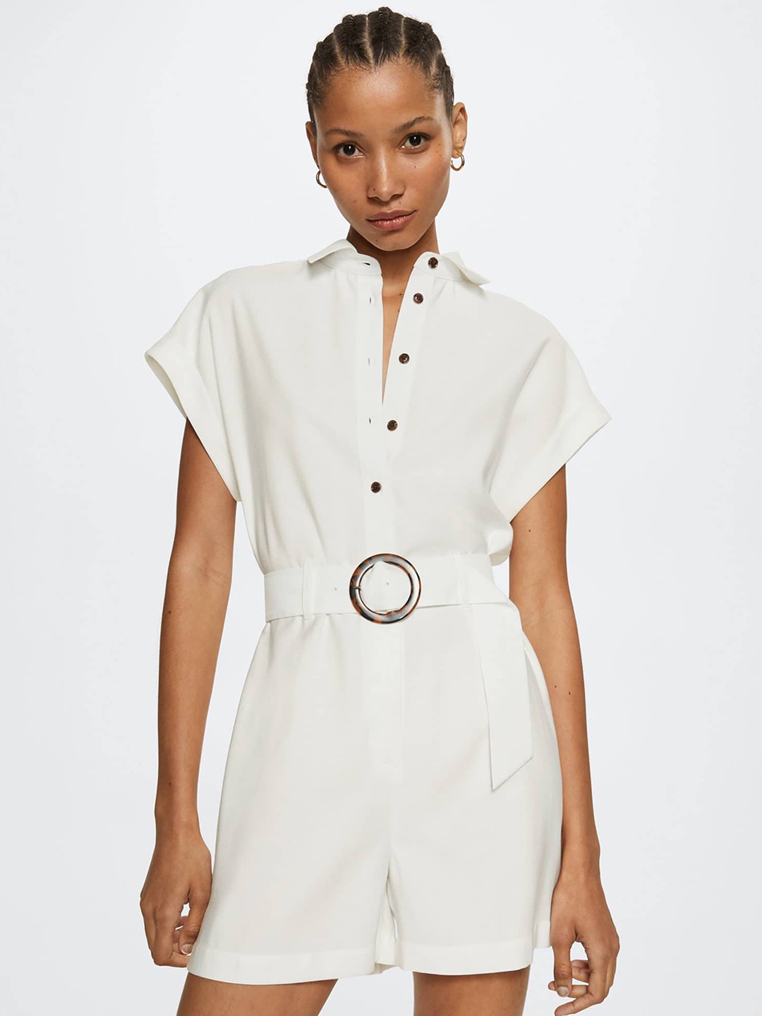 

MANGO Women White Solid Playsuit Comes with a Belt