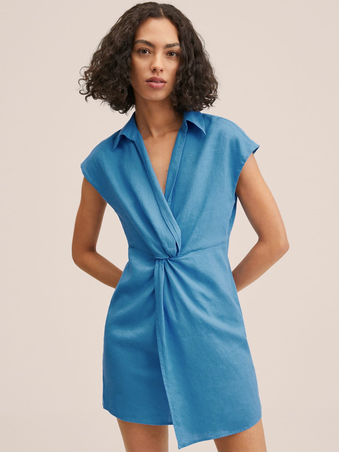 

MANGO Women Blue Solid Shirt collar Wrap Dress