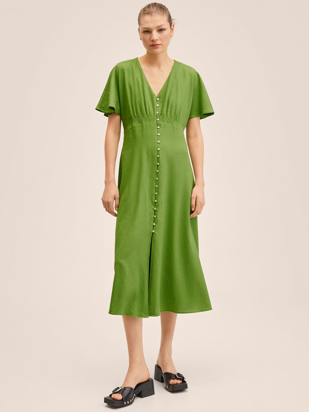 

MANGO Women Green Solid V-Neck Flutter Sleeves Smocked Detail A-Line Midi Dress