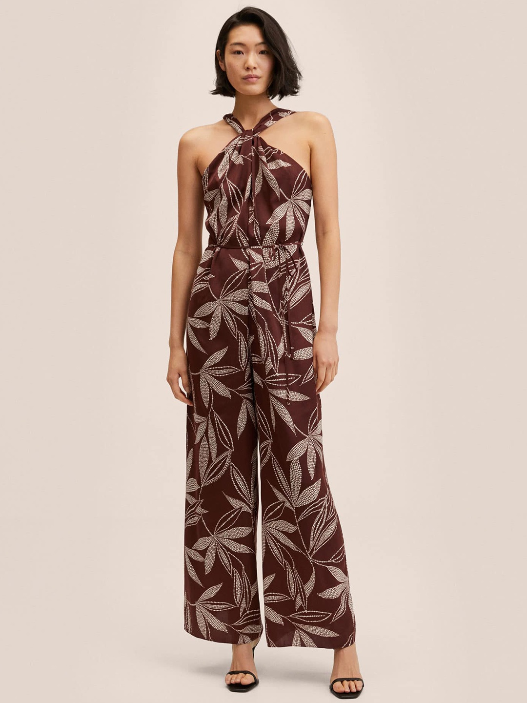 

MANGO Women Maroon & White Halter Neck Floral Printed Basic Jumpsuit