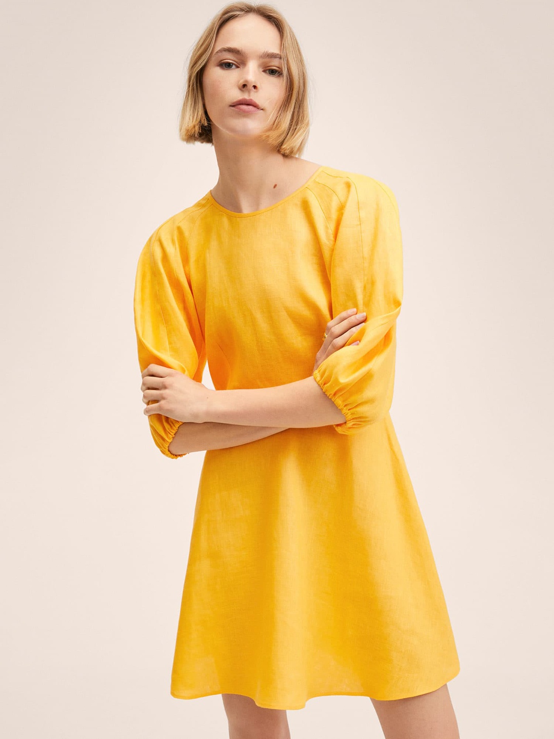 

MANGO Women Mustard Yellow Solid A-Line Mini Dress with Styled Back