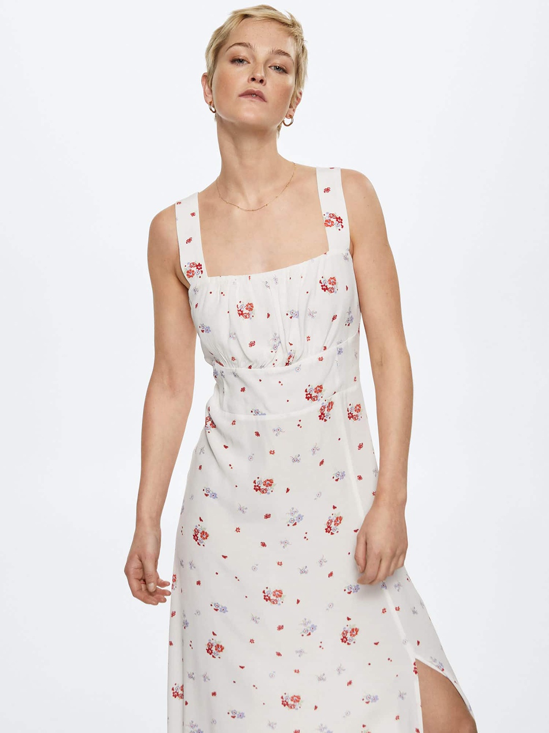 

MANGO White & Red Floral Print A-Line Midi Dress with Smocked Back