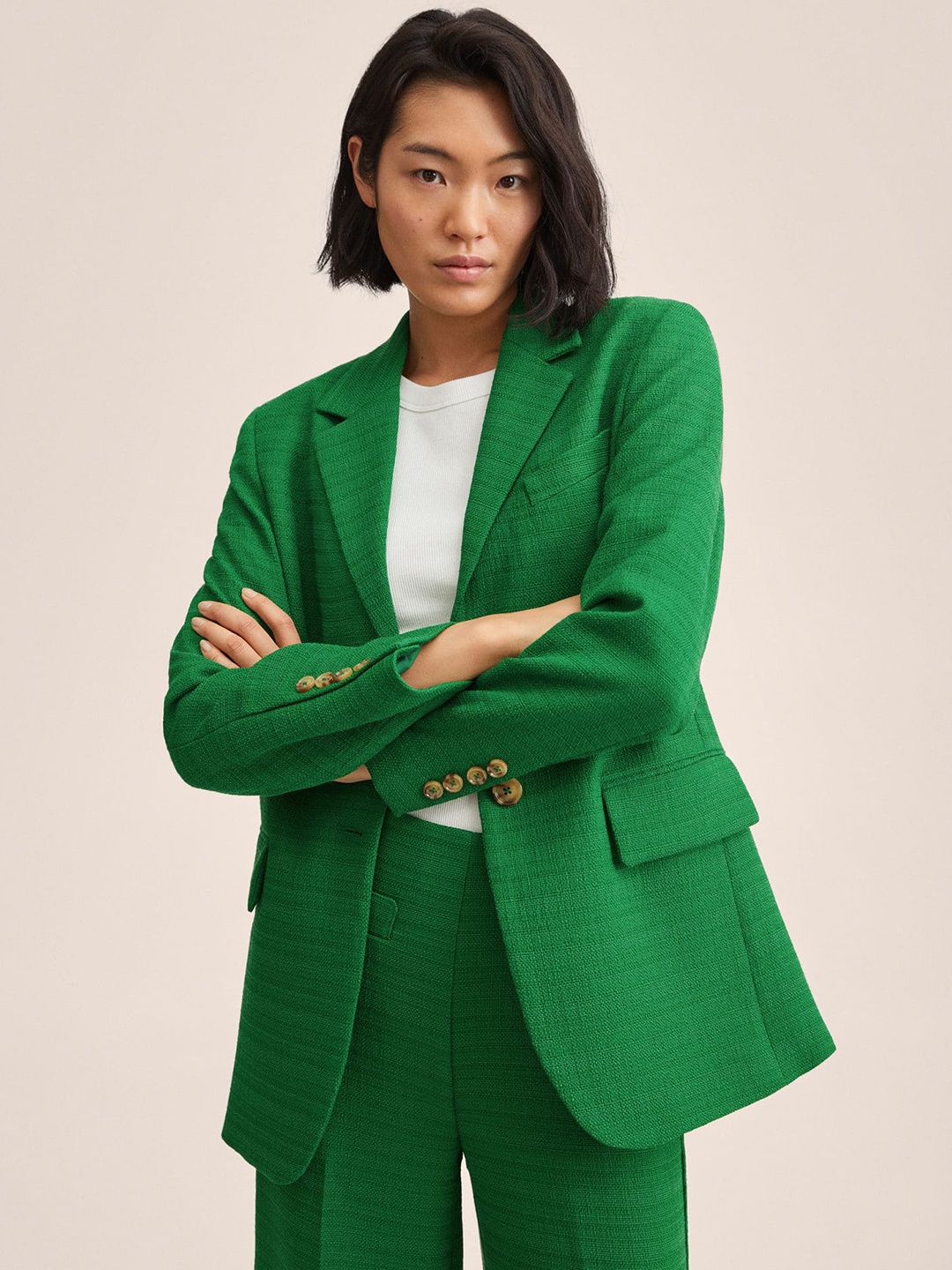 

MANGO Women Green Self-Design Tweed Single-Breasted Blazer