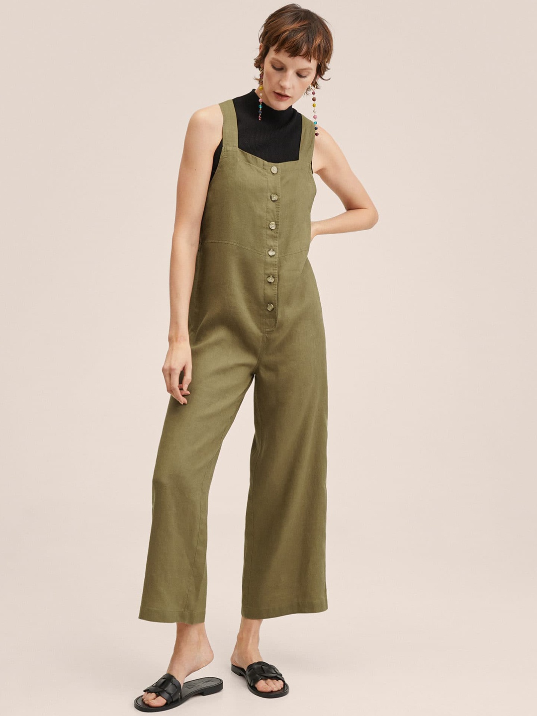 

MANGO Women Olive Green Solid Pure Linen Basic Jumpsuit