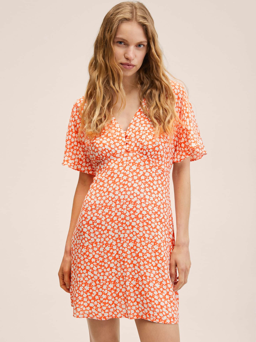 

MANGO Women Orange & White Floral Printed A-Line Dress