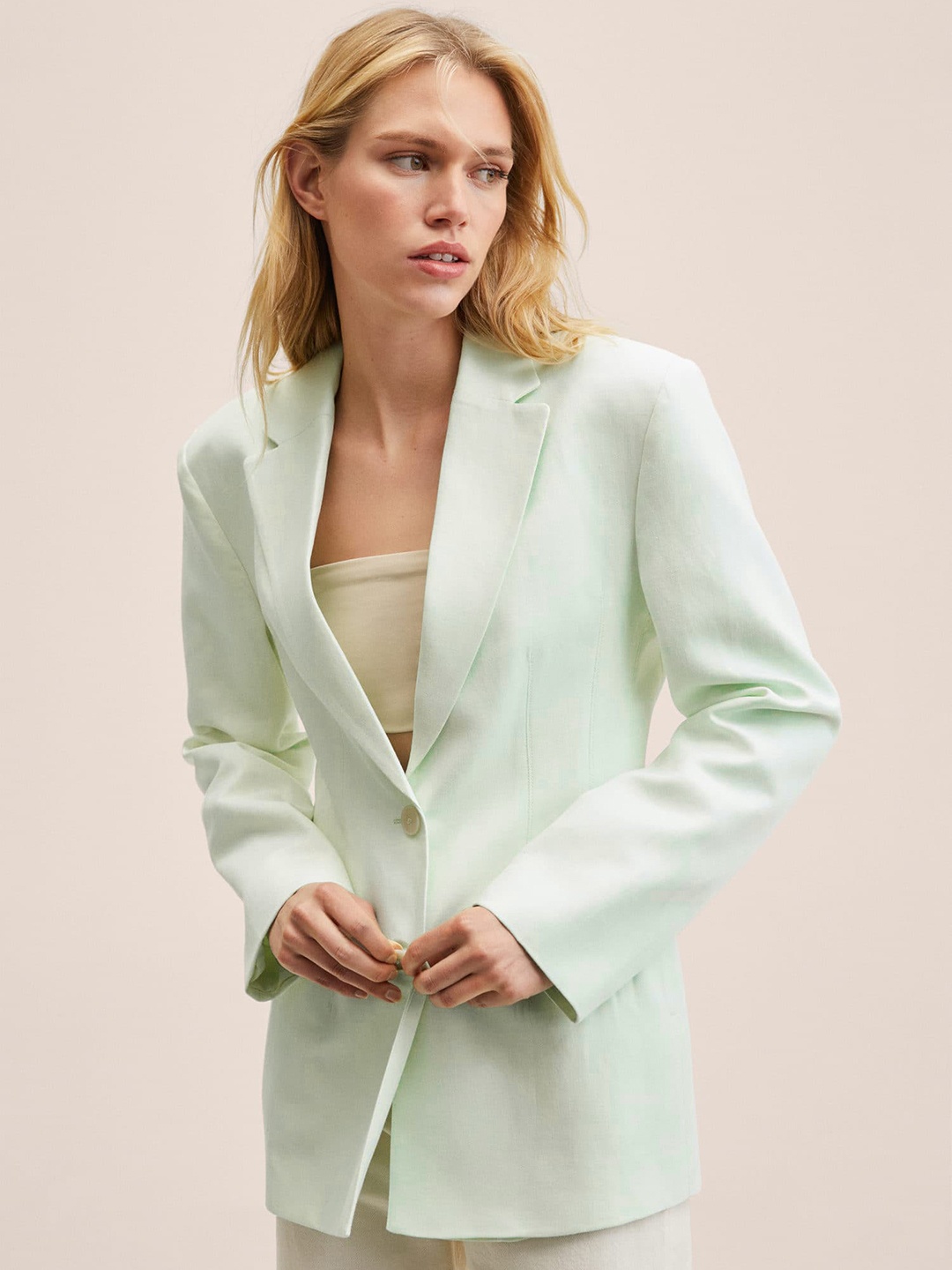 

MANGO Women Mint Green Solid Single-Breasted Blazer