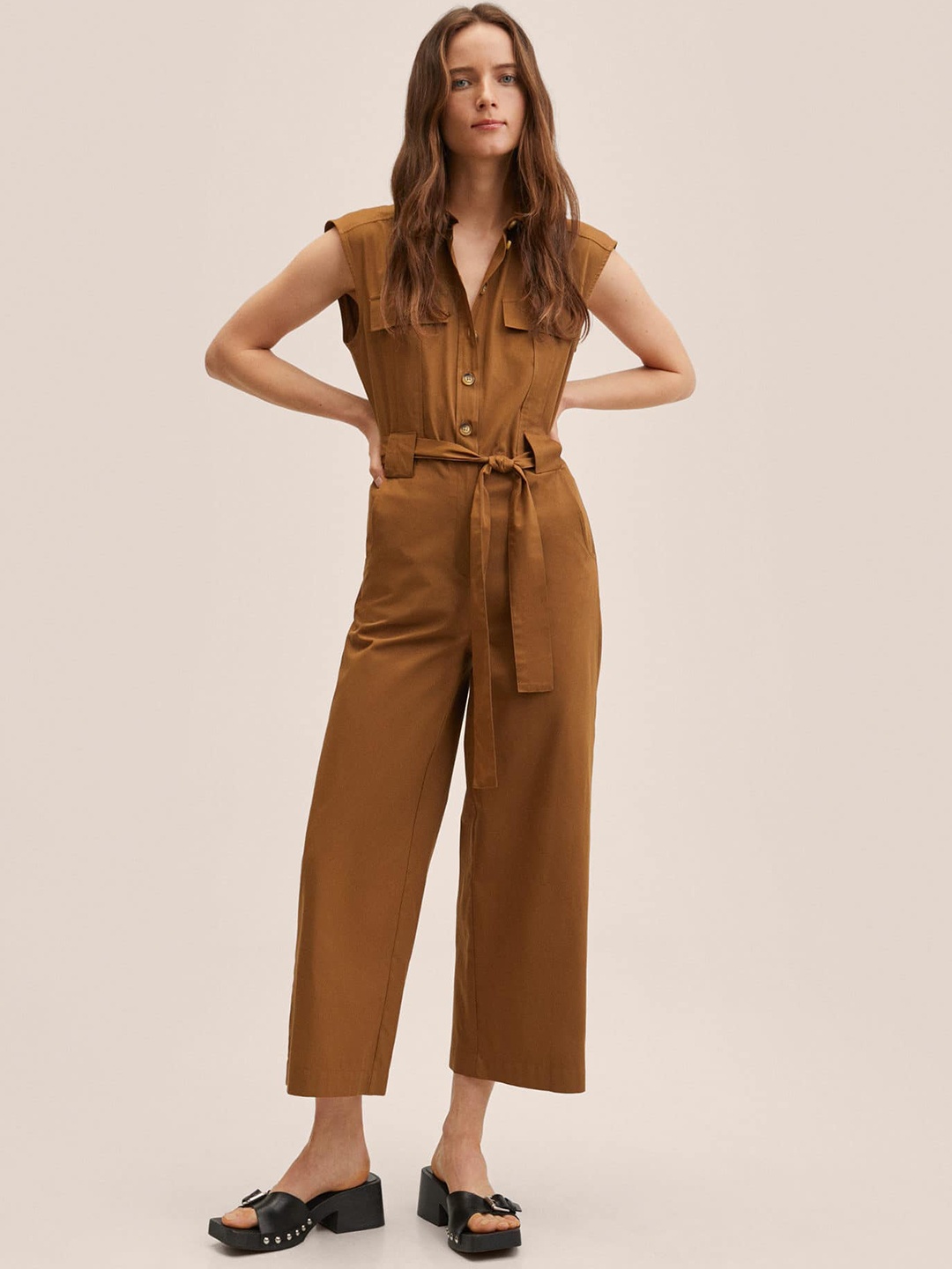 

MANGO Brown Pure Cotton Solid Basic Jumpsuit Comes with a Belt