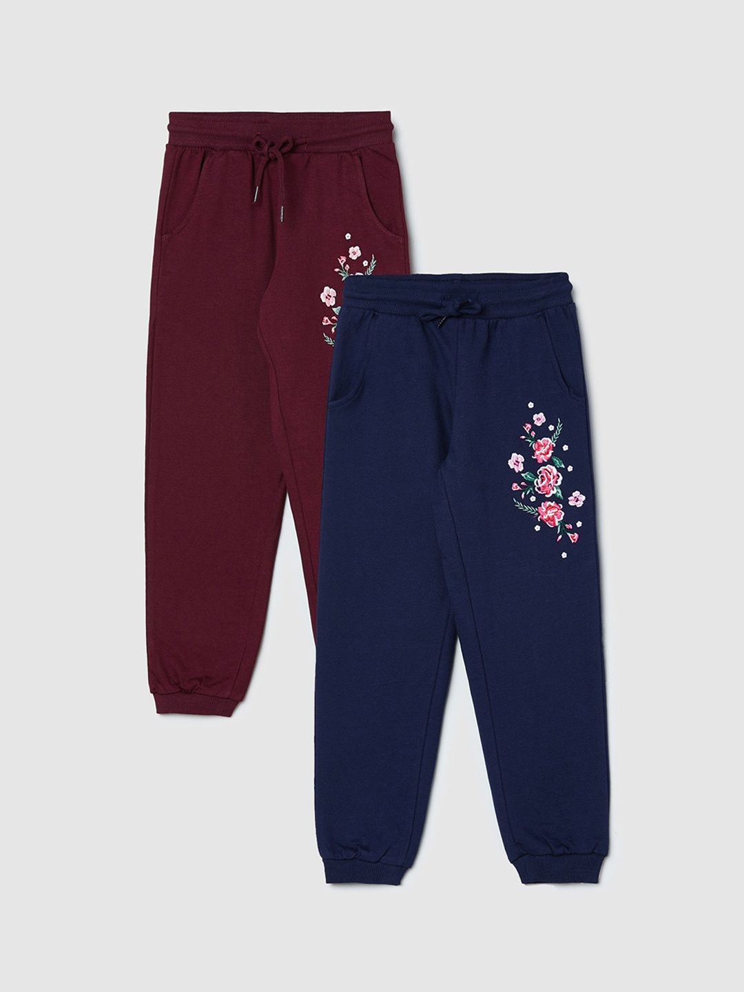 

max Pack of 2 Girls Maroon & Navy Blue Solid Cotton Joggers With Embroidered Detail