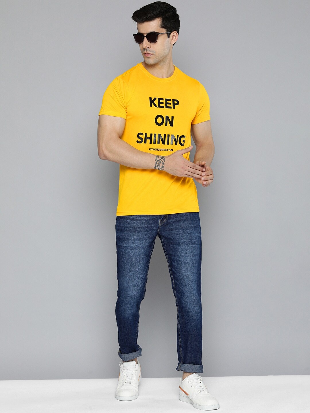 

Mast & Harbour Pride Men Mustard Yellow & Black Typography Printed T-shirt