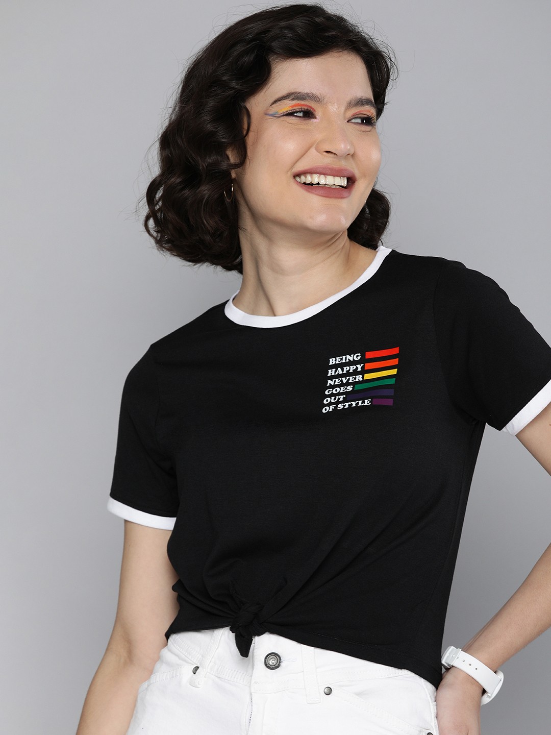 

Mast & Harbour Pride Women Black T-shirt with Front Tie-Up