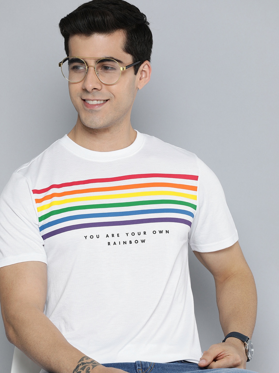 

Mast & Harbour Pride Men White Striped Applique Slim Fit Casual T-shirt