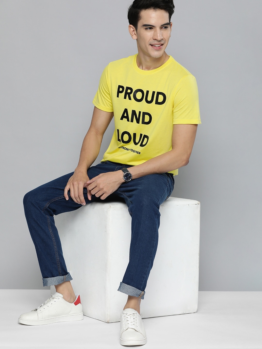 

Mast & Harbour Men Yellow & Black Typography Printed T-shirt