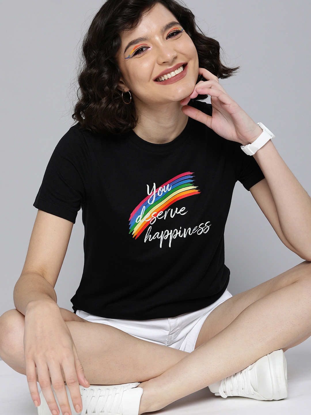 

Mast & Harbour Pride Women Black & White Typography Printed Slim Fit T-shirt