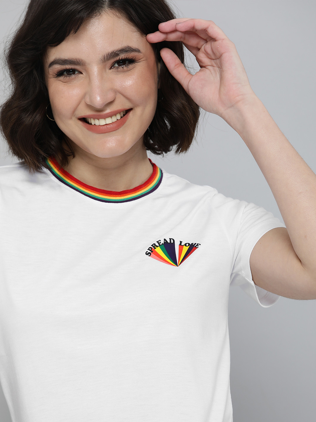 

Mast & Harbour Pride Women White Printed Detail T-shirt with Contrast Tipping