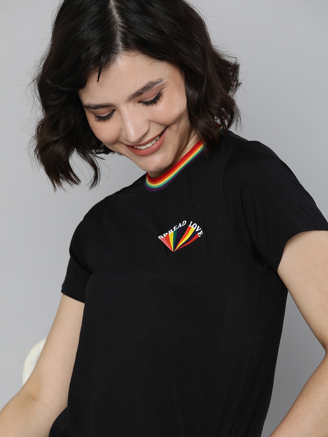 

Mast & Harbour Pride Women Black Printed Detail T-shirt with Contrast Tipping